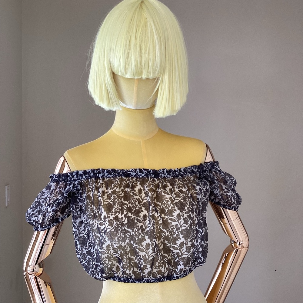 For Love & Lemons Black Floral Print Off The Shoulders Crop Top S